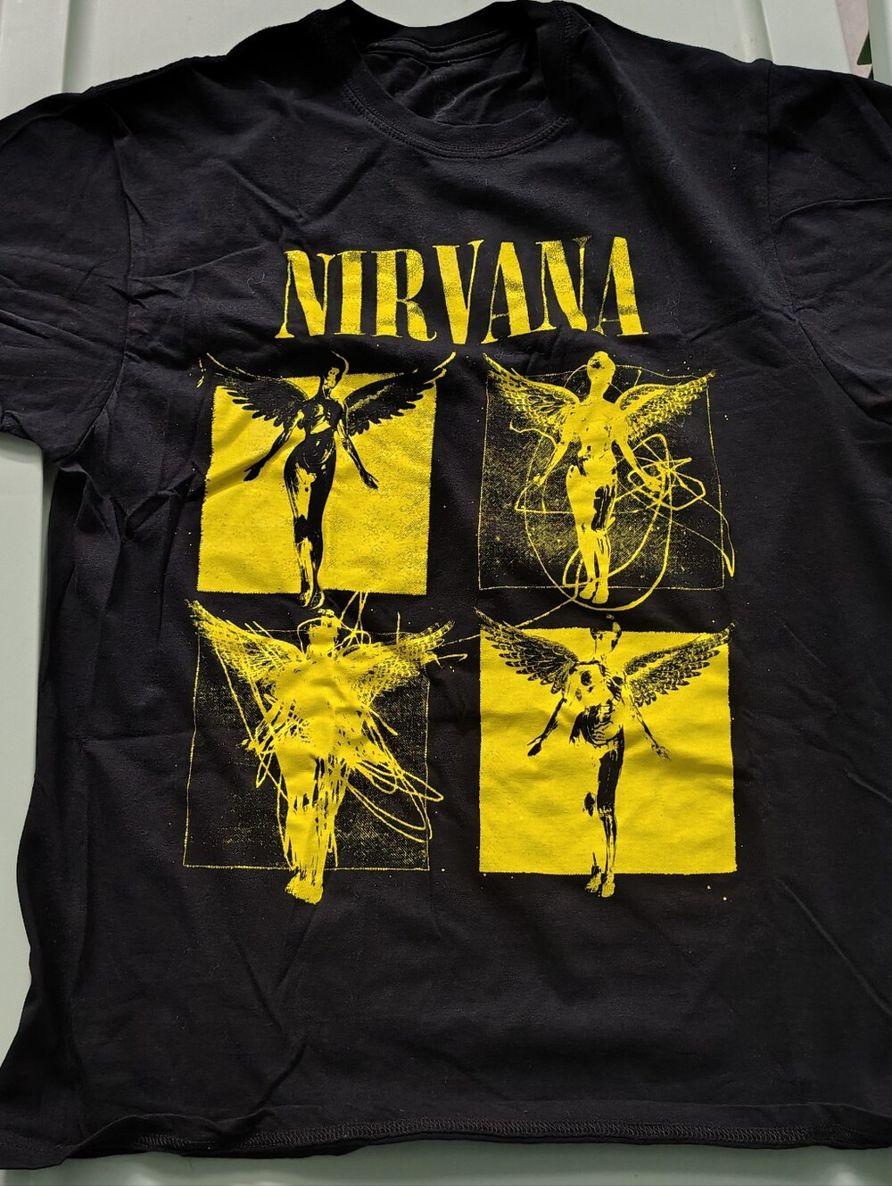 NIRVANA Medium Black Short Sleeve Tee with Yellow Angel Panels Band Y2K Shirt